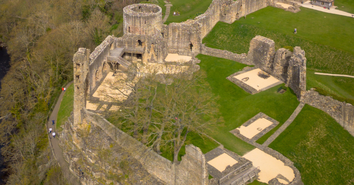 Aerial view of Barnard Castle ruins, in the town of Branard Castle, County Durham.